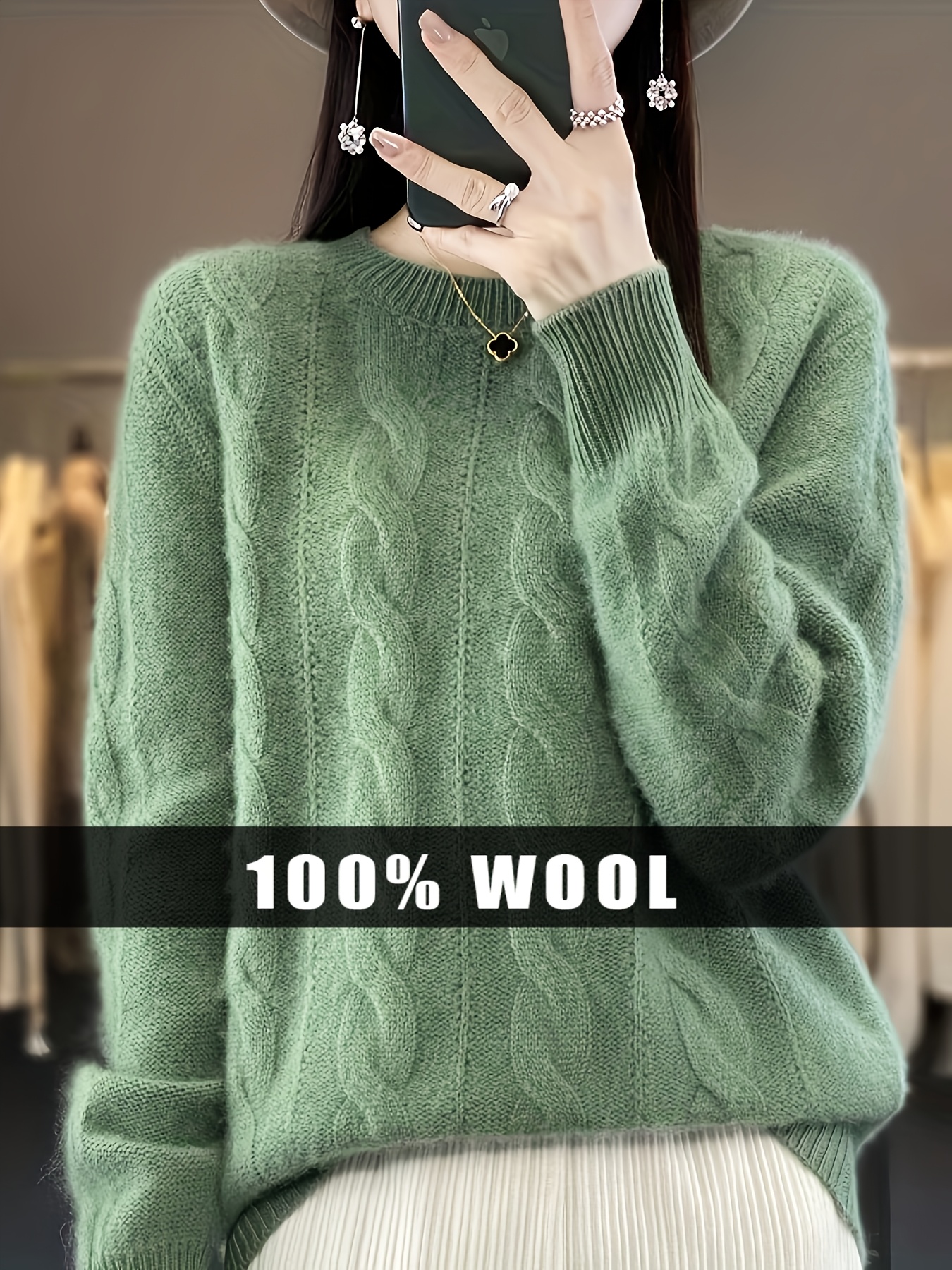 womens 100 wool sweater loose fit winter warm round neck braided cord suitable for layering casual office wear solid color long sleeve pullover hand washable