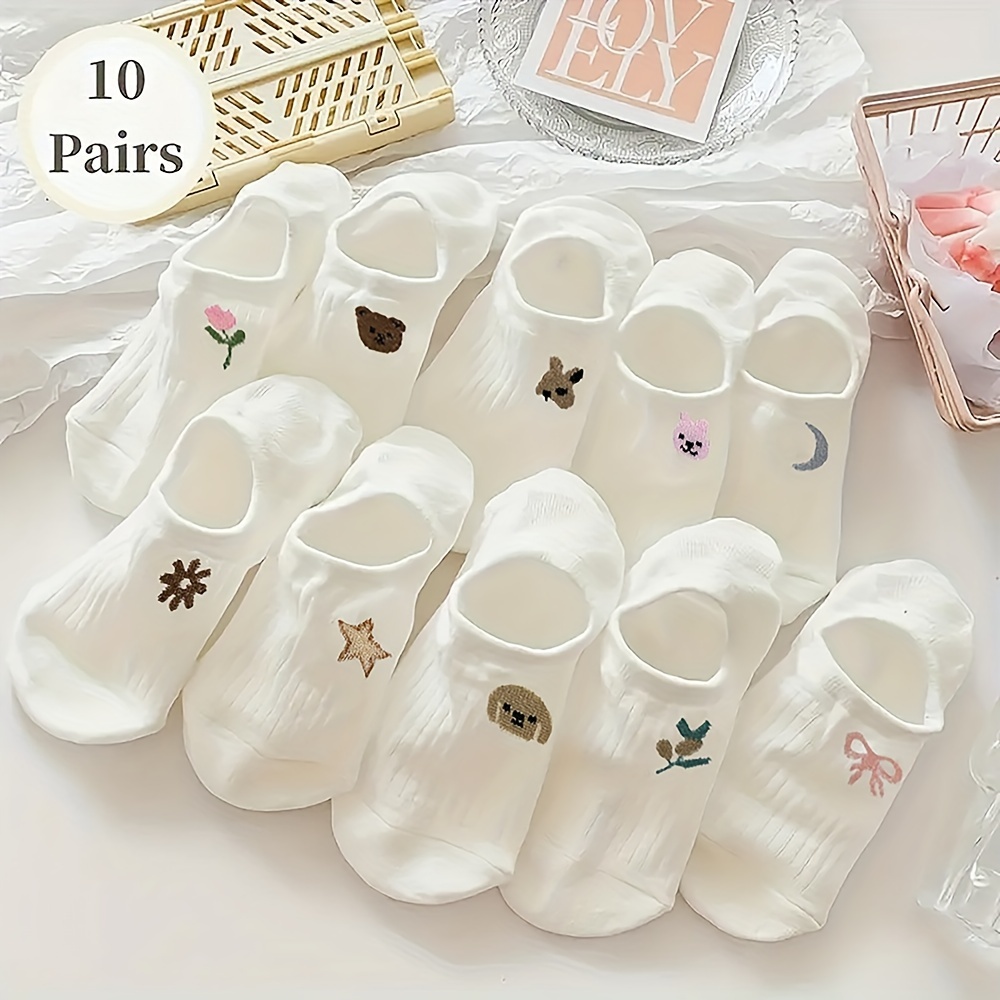 

10 Pairs White Embroidery Socks, Cute & Sweet Low Cut Boat Socks, Women's Stockings & Hosiery