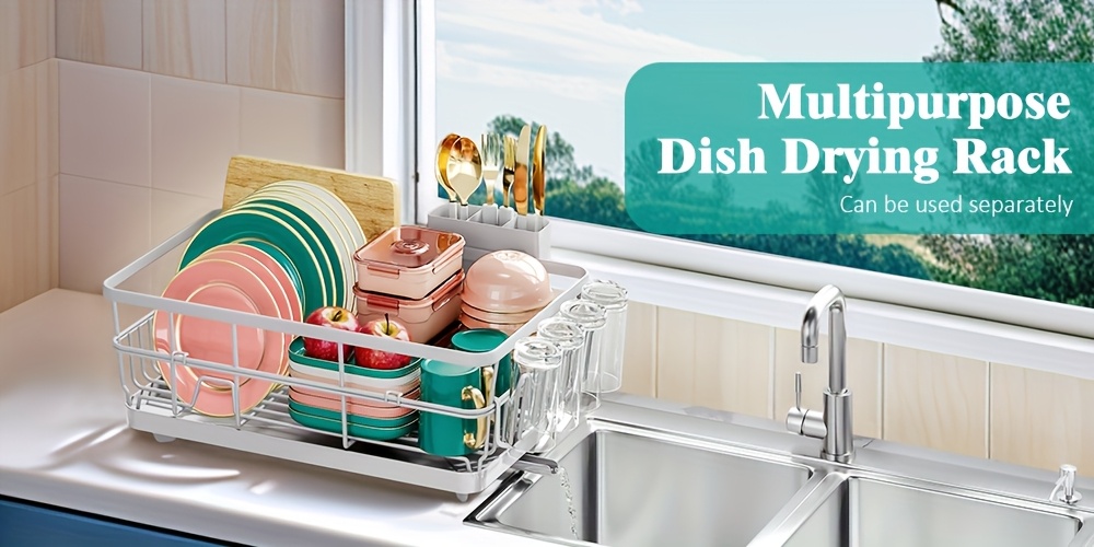   large metal dish drying rack for kitchen counter sink space saving dish drainer with drain board cup holder cutlery organizer plates bowls utensils storage Product details 1