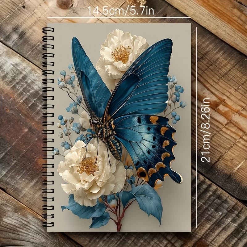 TEMU 1pc A5 Blue Floral Spiral Notebook - Vintage Watercolor Lined Journal With Horizontal Ruled Pages, Spiral Coil Binding Suitable For School,