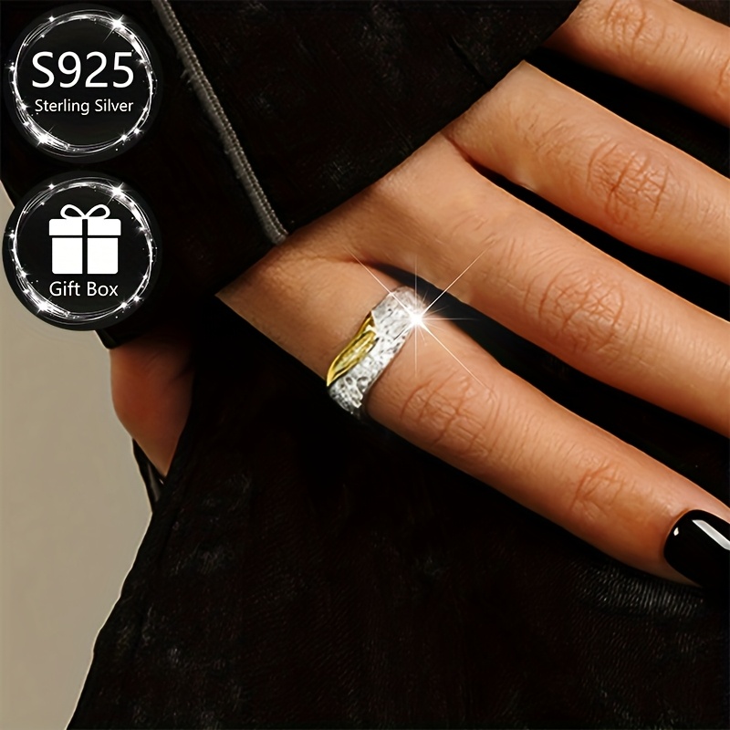 Adjustable Open Ring 925 Sterling Silver Textured Two Tone Irregular Geometric