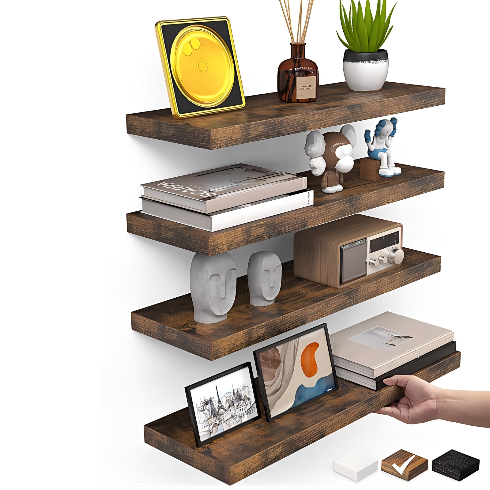 4pcs Set Wall Rack Wood, Rustic Wood Wall Boards, Wall Board For Living Room, Kitchen, Bathroom, Bedroom Decoration Storage, Brown/, Floating Shelves
