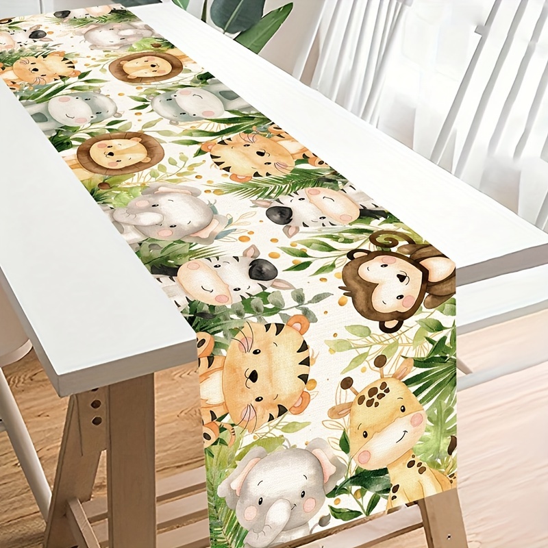 

1pc Woven Linen Table Runner With Jungle Animals Print - 100% Linen Rectangular Table Decoration For Spring, Jungle Theme Birthday & Baby Shower Party Decor