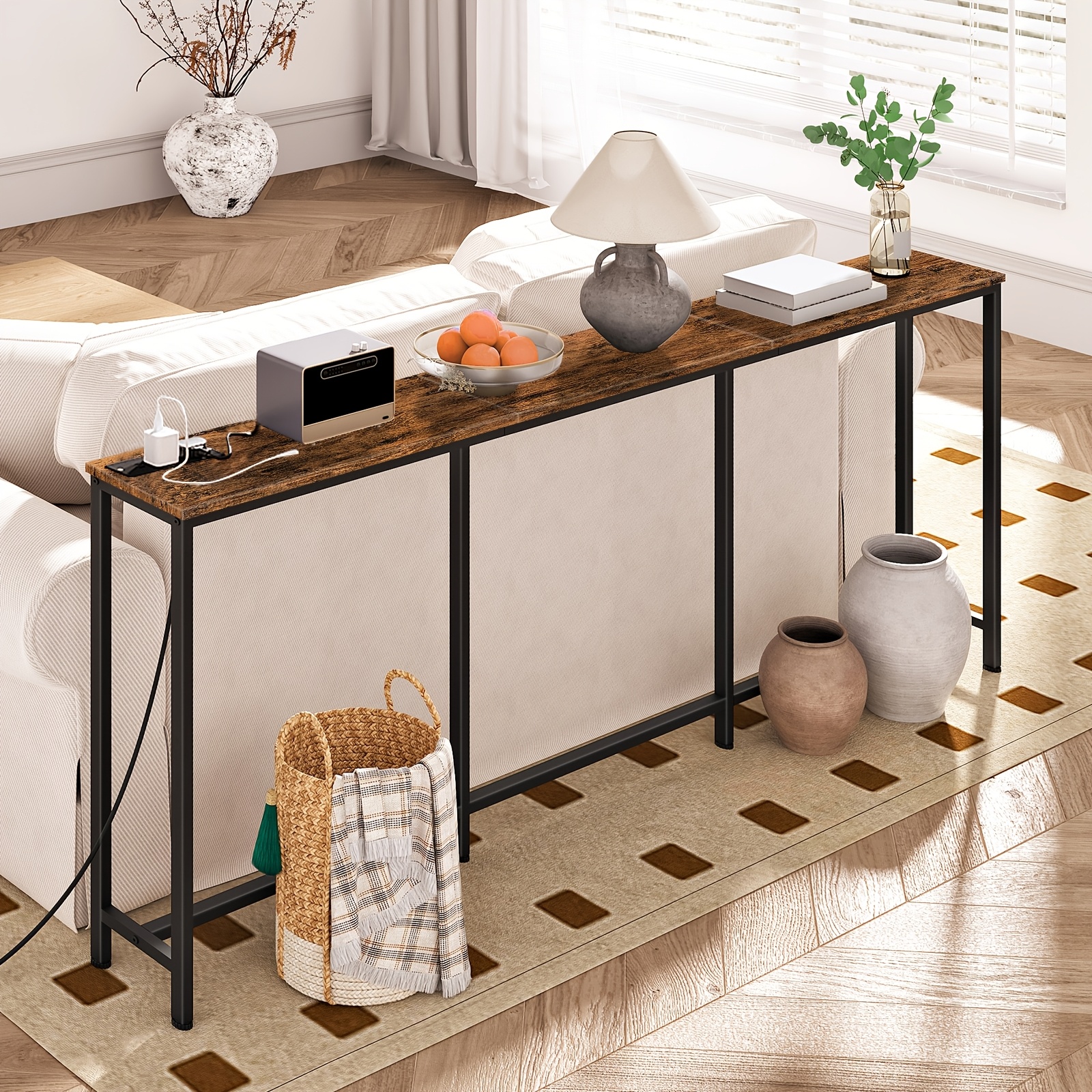 180  long console table stylish rectangle sofa table for small spaces   bedside table or behind sofa modern   storage organizer entryway table for living room entrance hallway brown details 0