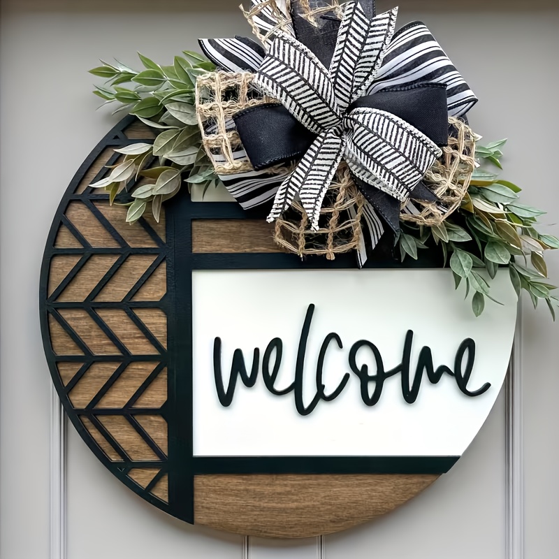 luxurious elegant front door garland wreath with welcome sign year round door hanger artificial wood plastic wreath for christmas   gift   mounted entrance decoration for home housewarming present