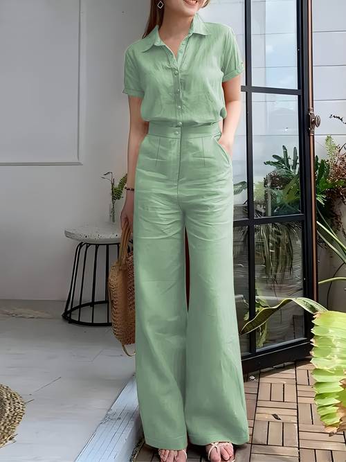 elegant two piece set featuring a solid color short sleeve blouse and long pants for women