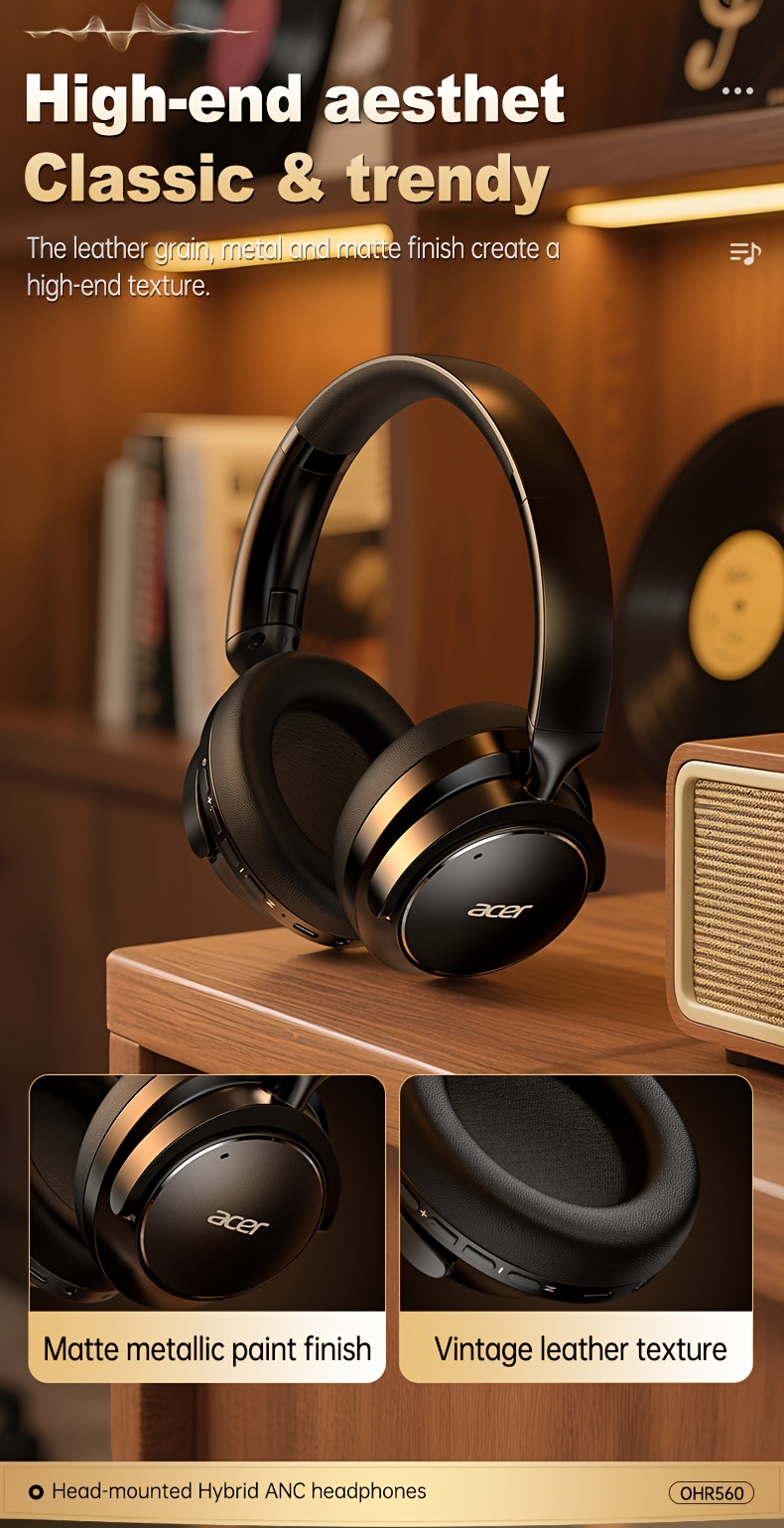 Casque sans fil Acer Ohr560 | Circum-aural avec suppression du bruit ANC, conception d'oreille à couverture complète, pliable, microphone à condensateur intégré, son stéréo Hi-Fi, réduction du bruit des appels HD ENC, compatible avec câble audio 3,5 mm, chargement USB