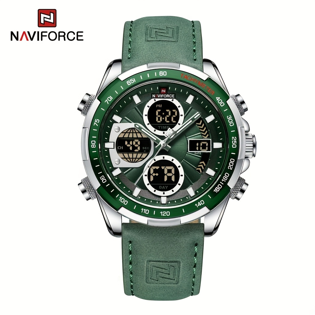 mens luxury sports quartz watch waterproof genuine leather strap   with date chronograph functions case green accents luxury   tachymeter   genuine leather band valentines   9