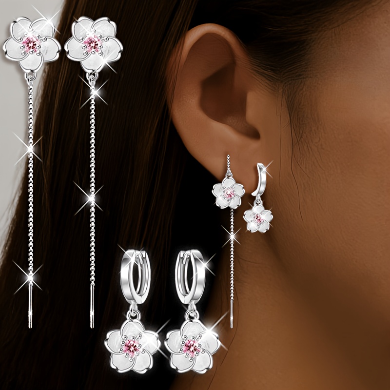 TEMU 4pcs Five-petal Flower Women's Minimalist Fresh Luxury Earrings And Ear Cuffs. Suitable For Daily Wear, Parties, Vacations, And Spring/summer .