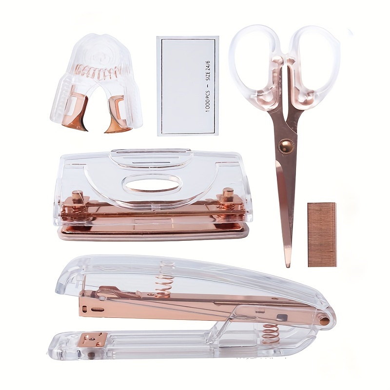 

5-piece Rose Golden Desk Accessories Set – Manual Operation Stapler, Hole Punch, Art Scissors, Staple Remover & 1000 Staples Bundle – Durable Pvc Office Supplies Kit For Students And Professionals