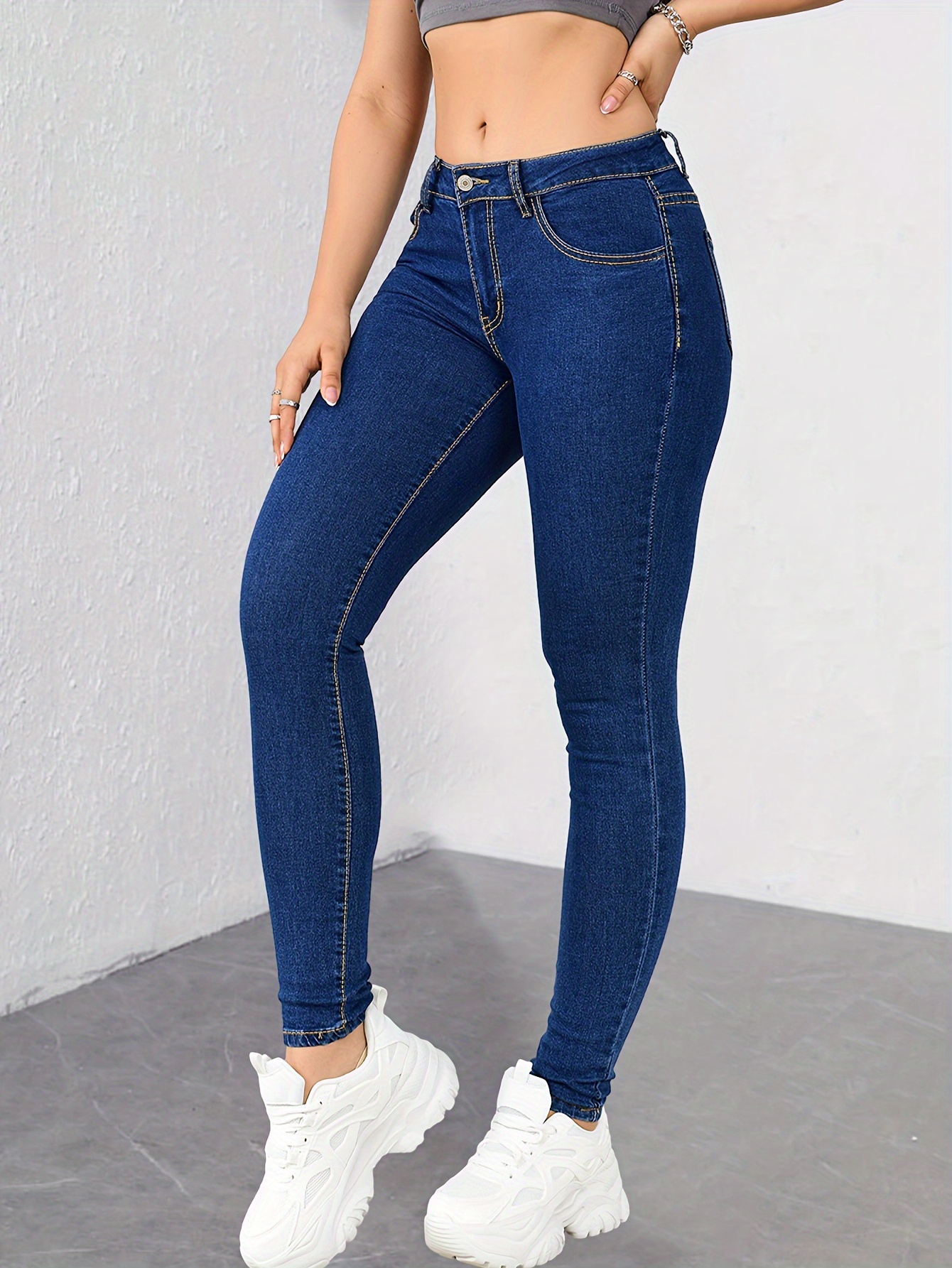 Blue Slim Fit Skinny Jeans stretch Slant Pockets High - Temu