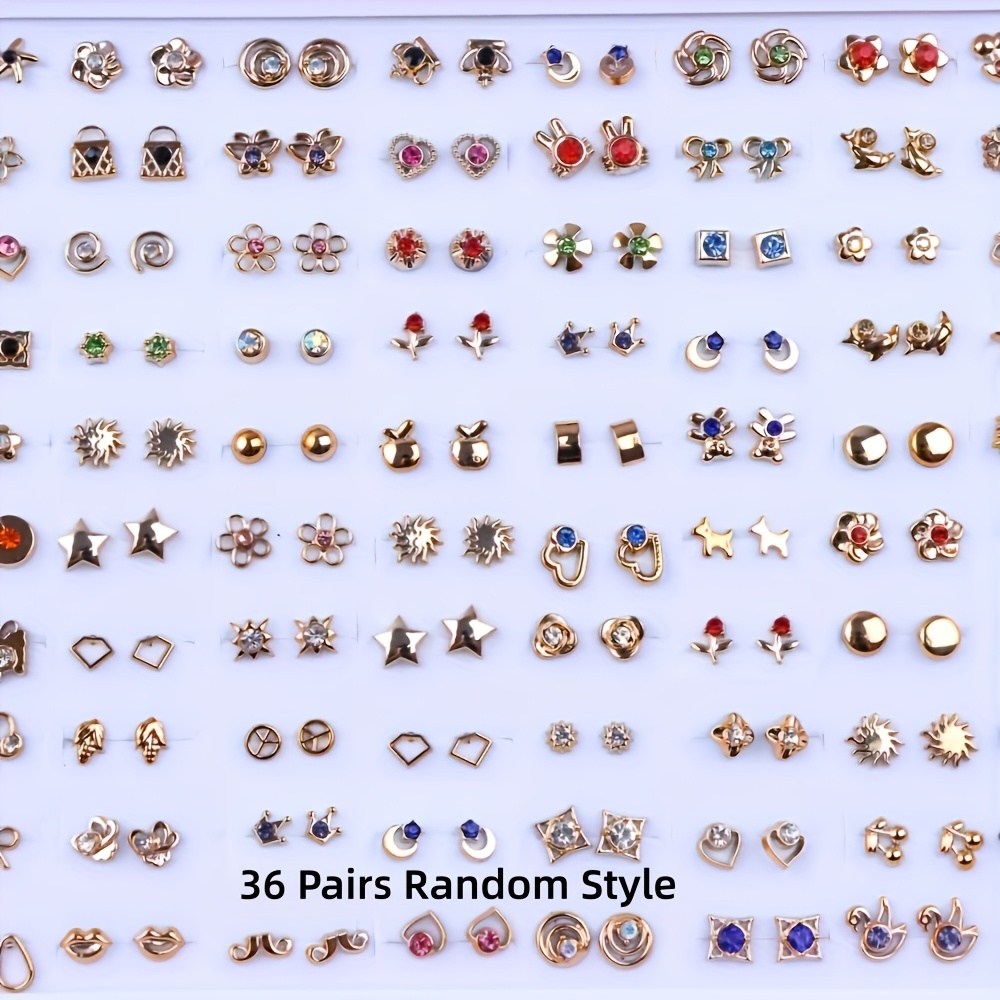 TEMU 36 Paires/Lot de Boucles d'Oreilles Clous Géométriques à Petit Bonheur en Strass Tendance et Aléatoires pour Femmes - Bijoux de Fête Mélange de