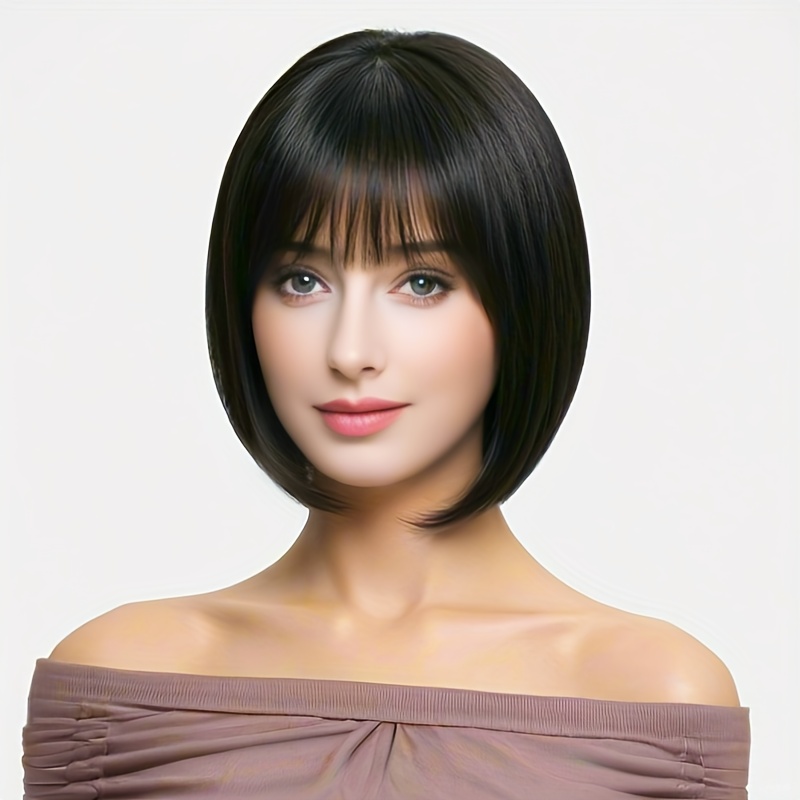 TEMU Chic Bob Wig With Bangs For Women - Heat Resistant, Straight Synthetic Hair, Cosplay &