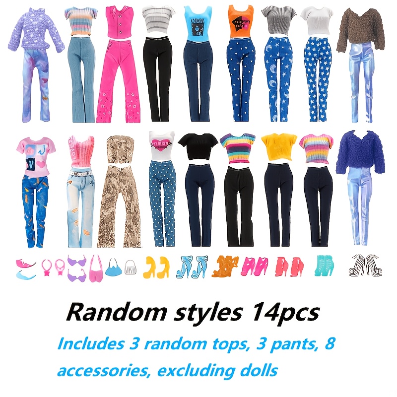 Image of 14 Random Style Doll Clothes And Accessories - Suitable For 11.5-inch Dolls, Including 3 Tops, 3 Pants, And 8 Accessories, Perfect For Girls' Birthdays And Holidays Gifts, Dress Up Set, Doll Free
