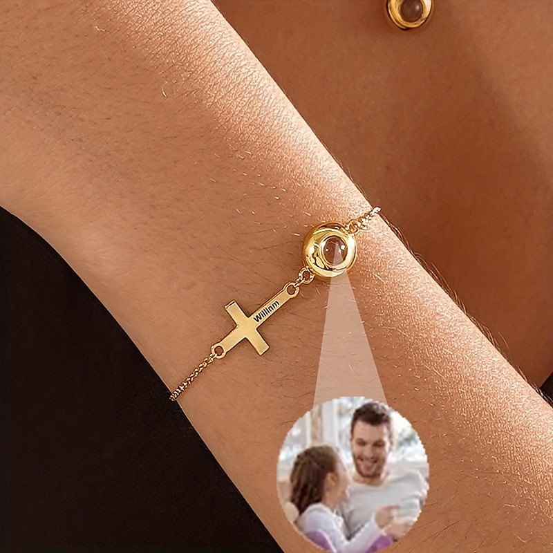 Women's Custom Photo Stainless Steel Engraved Cross Projection Bracelet