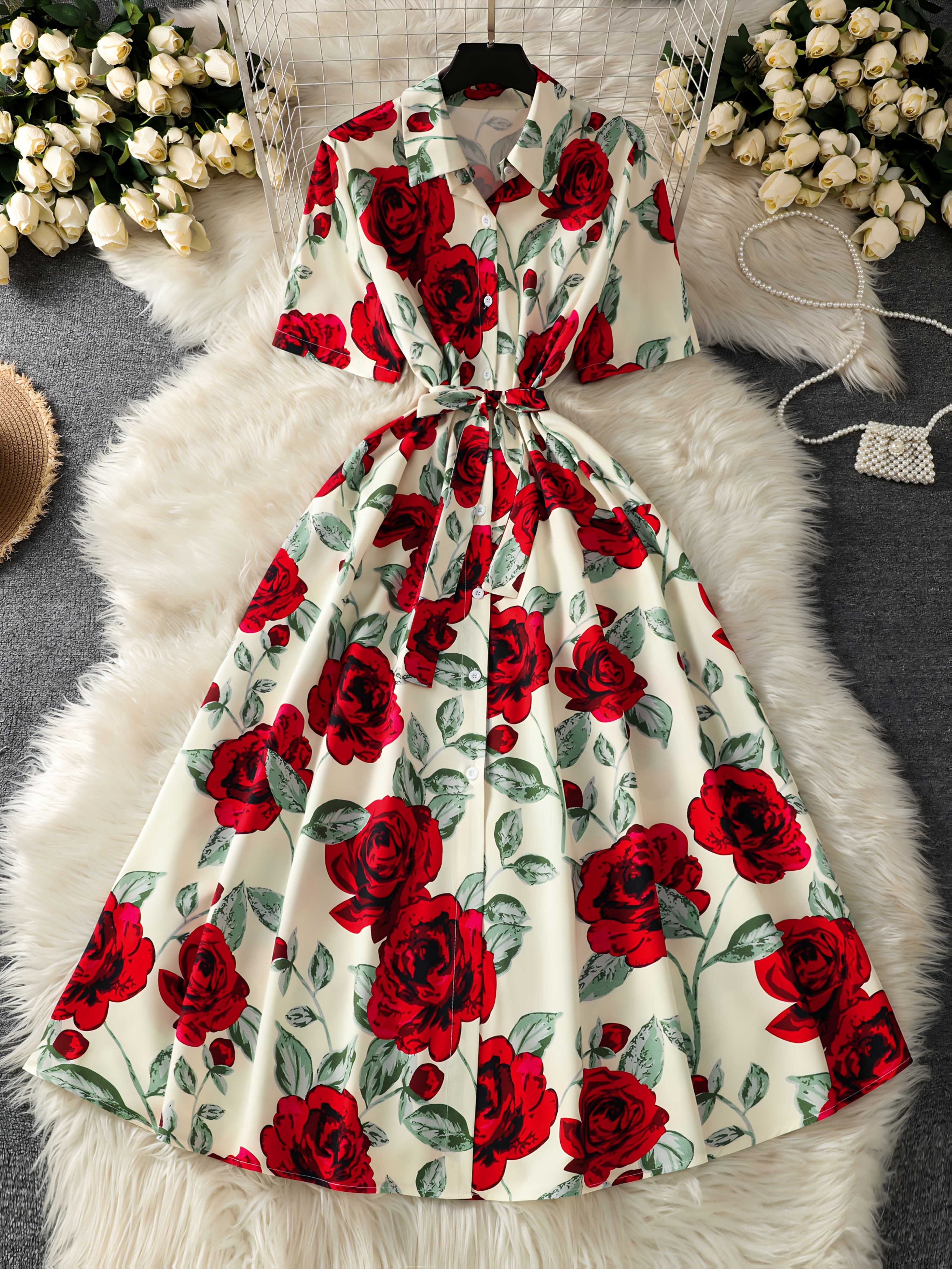 Women'S Elegant Floral Print A-Line Dress Short Sleeve, Belted,  High-Waisted Pattern, White with Red Roses Summer, Adult Fashion,  Elegant