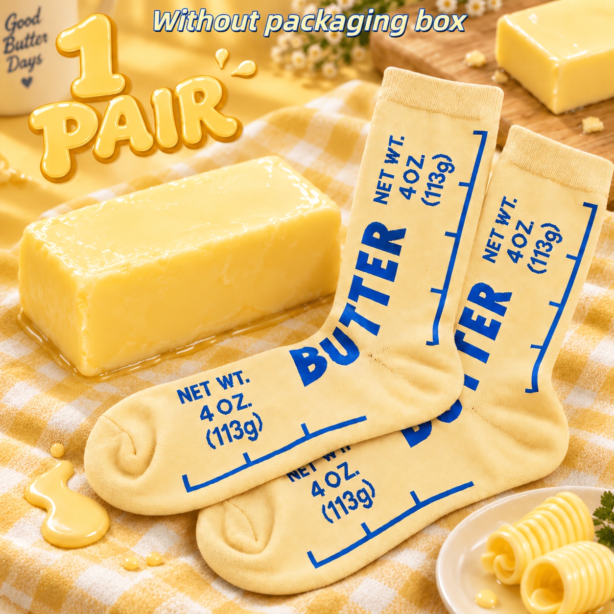 TEMU 1 Pair Butter Socks - Fun Yellow , Novelty Socks, Unisex Mid-calf Socks, Unique Gift For Chefs, Suitable For Bakers, Gift