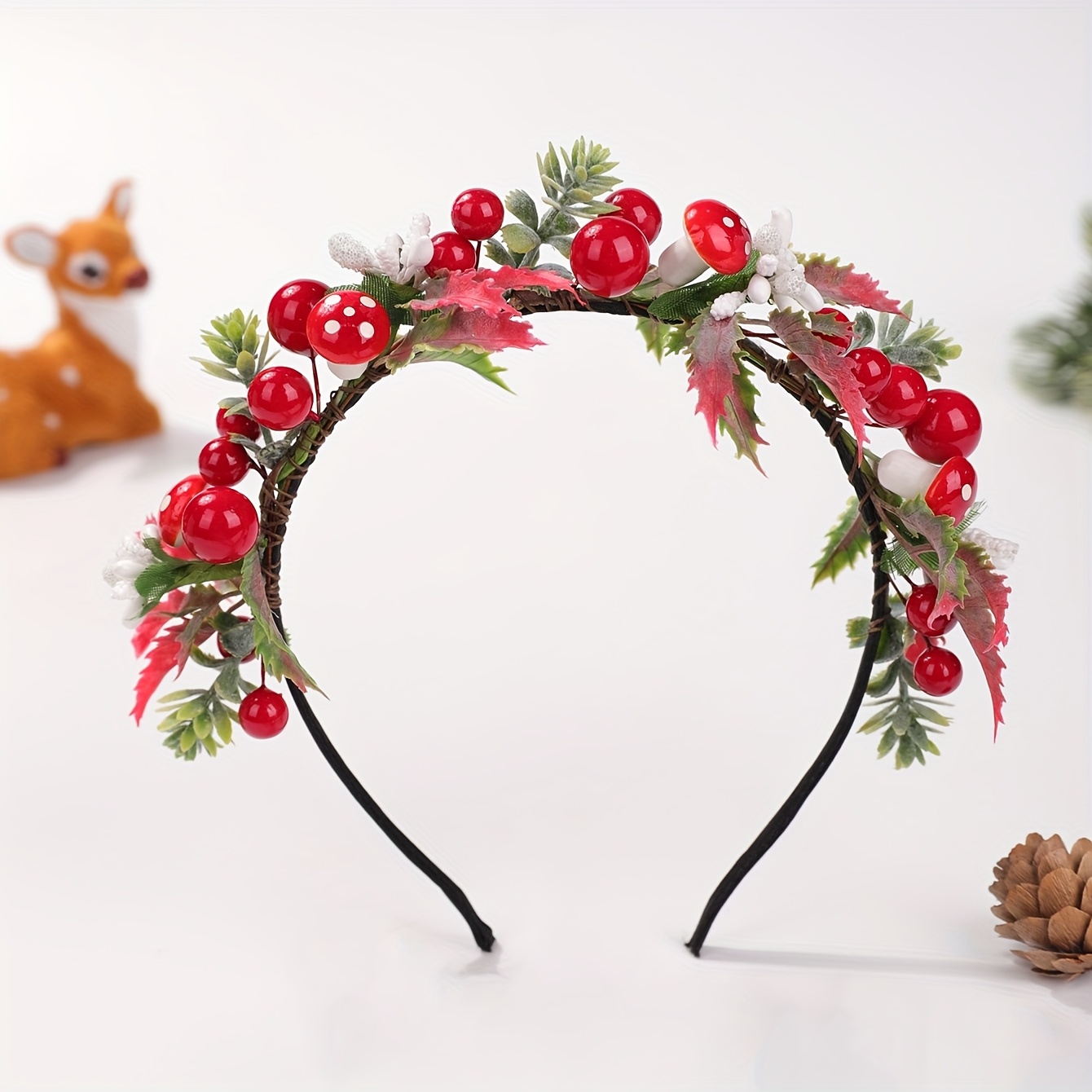 Image of 1pc Cross-border Christmas New Arrival Large Red Artificial Berry And Mushroom Forest-style Headband, Festive Atmosphere Hairband