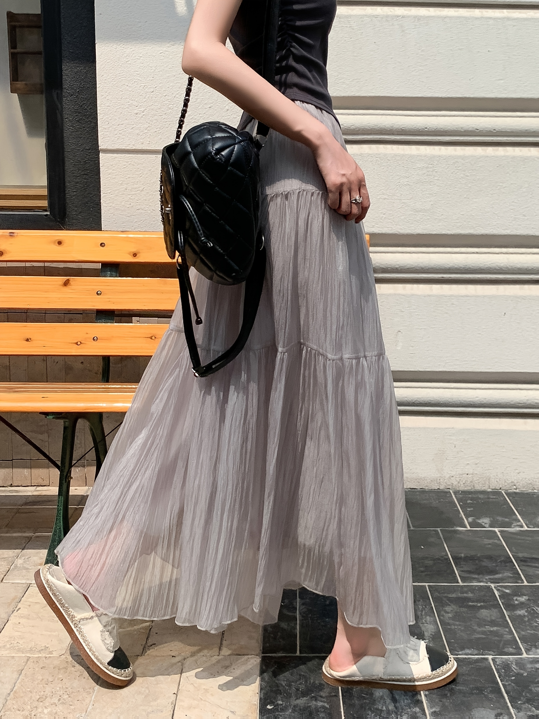 women's elegant light grey tiered tulle midi skirt elastic Temu