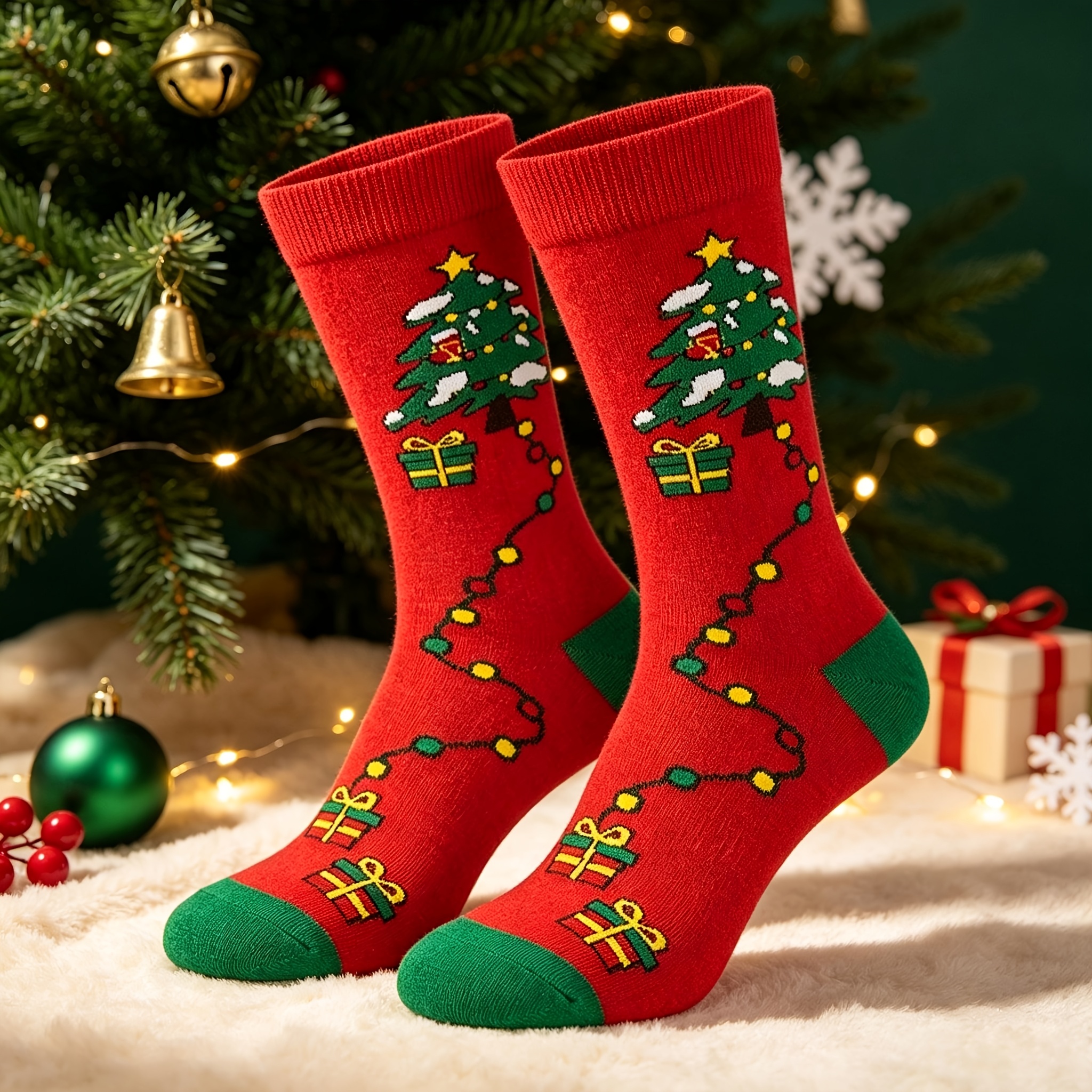 TEMU 1 Pair Men's Tree Gift Box Mid-calf Socks, Fun Cartoon Pattern With Christmas Tree, String Lights Gift Boxes, Comfortable For Autumn And Winter,