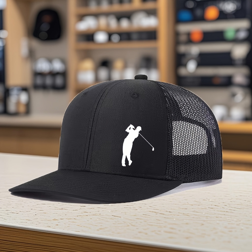 TEMU Men's Golf Printed Color-block Baseball Cap Summer Breathable Mesh Trucker Hat, Adjustable, Unisex Outdoor Duckbill Cap Optional