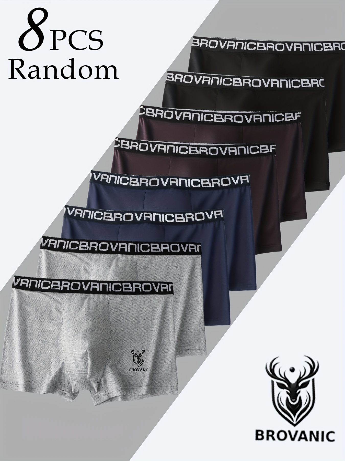 Set of 8 Men S Boxer  ,   in 4 Random Colors, Featuring Solid Colors,   Deer Head Prints, And Lettered Waistbands, Trendy And Minimalist, Men S Underwear, Men S Brief