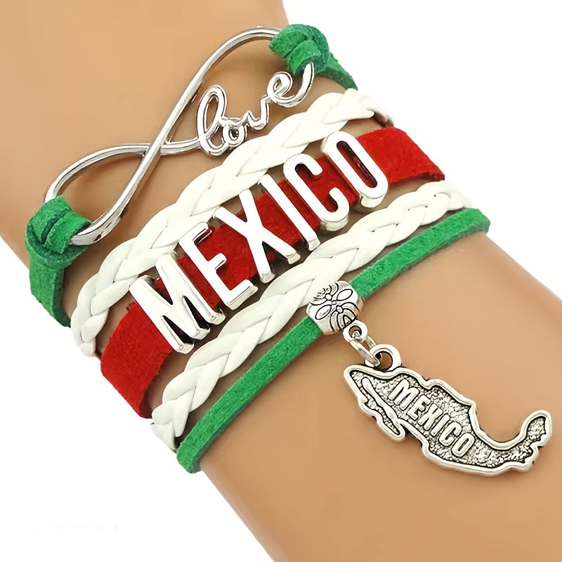 

Mexican Woven Bracelets For Men And Women, Featuring The Phrases 'love, Mexico' And A Map Of Mexico In Alloy Charms, Elegant And Stylish