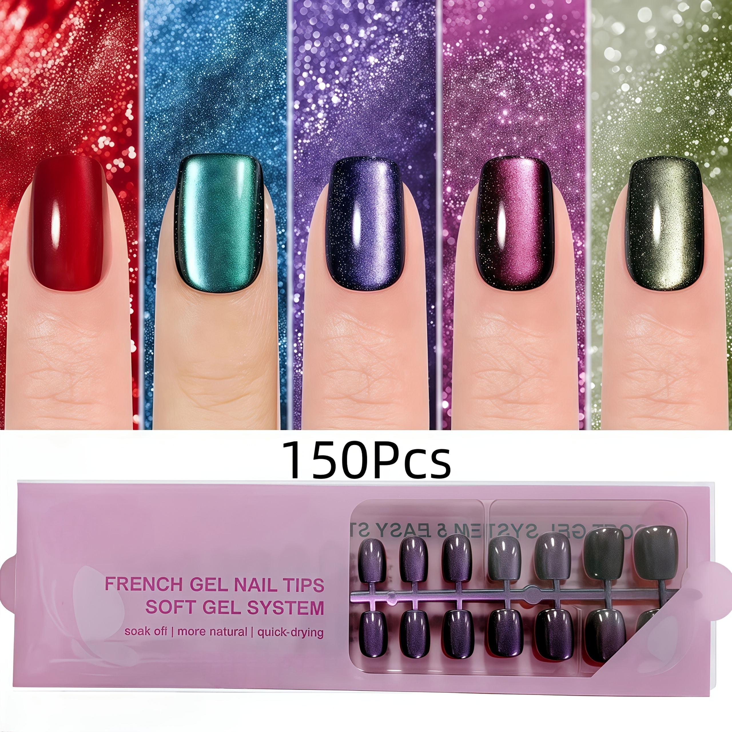E-shop 150 Stück Acryl Kurze Quadratische Katzenaugen Press-on Falsche Nägel, 5 Farben Fashion Katzenaugen Design Falsche Nagel Set, Falsche Nagel