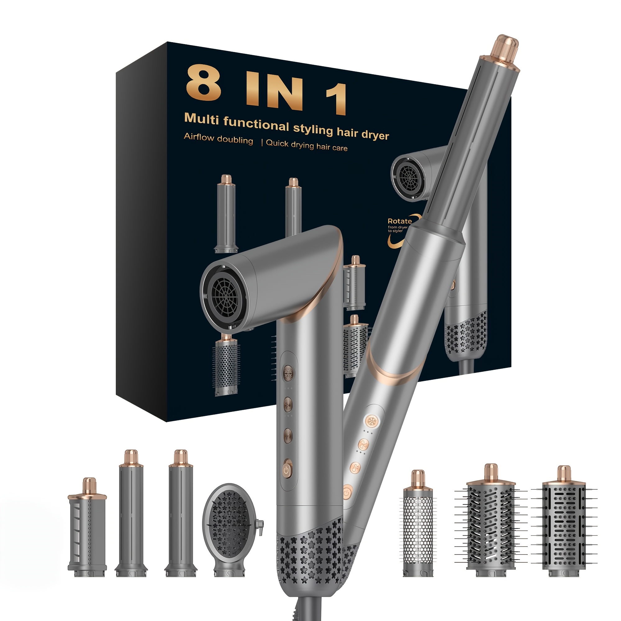 Image of Women's Hair Magic Styler, Hot Air Brush, Heated Hair Brush, Volumiser And Curler, Hair Dryer Brush, 8 Attachments, No Heat Damage, For All Hair Types, Perfect For Travel, Gift Set Copper/grey
