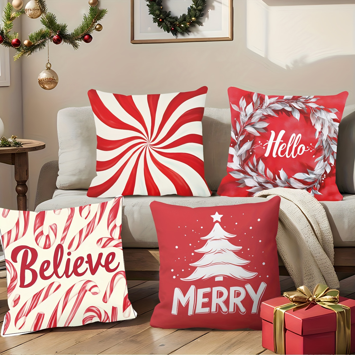 

4pcs Christmas Pillow Covers, Red And Cream Color Christmas . 18*18in - Zipper Closure, Hand Washable - Suitable For Sofa, Bed And Home Decoration. Does Not Filling