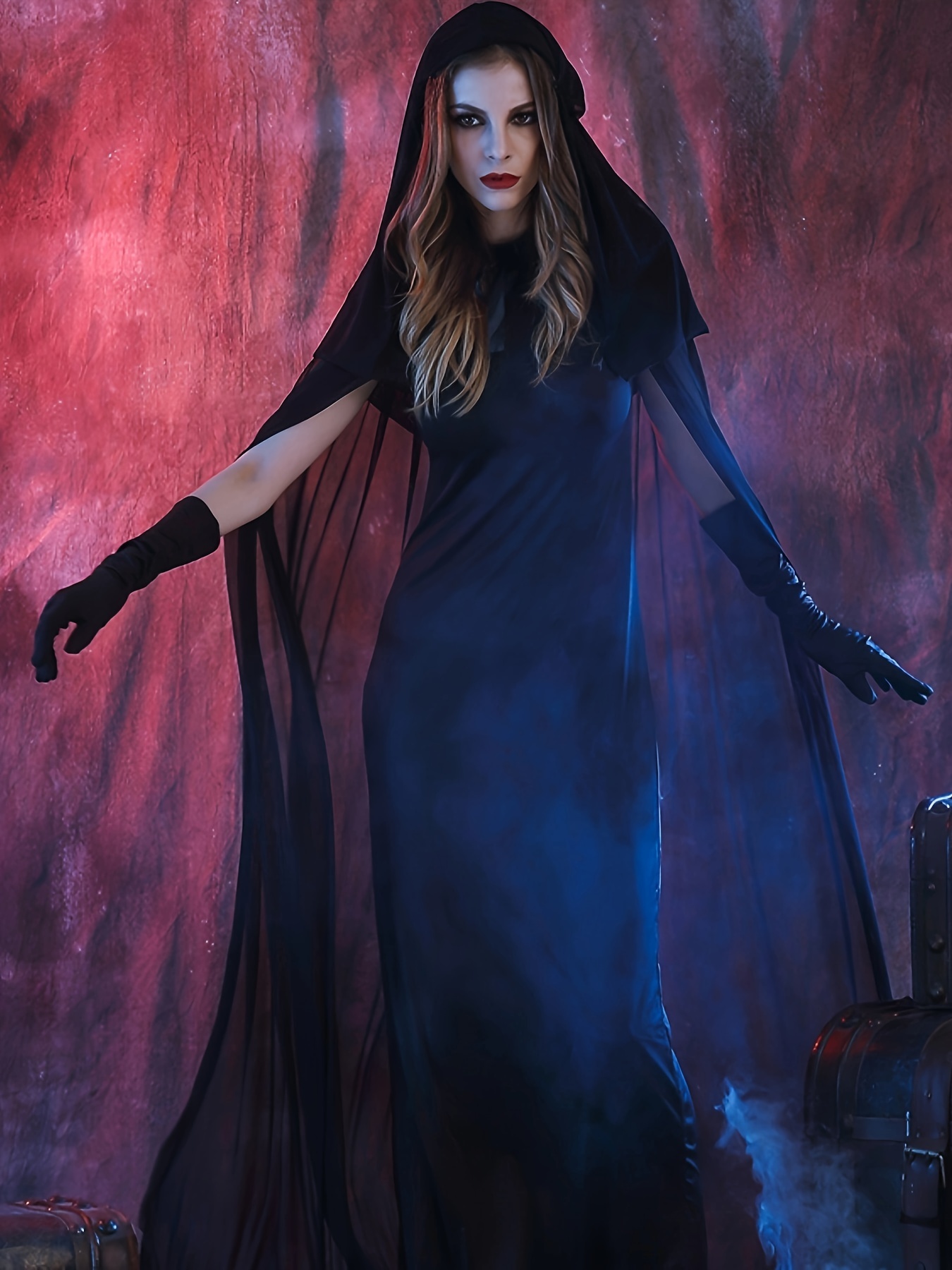 3pcs witch costume set black long dress hood cape gloves