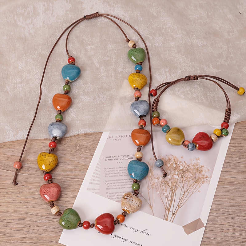 TEMU 2pcs Set Of 1 Necklace And 1 Bracelet, Dopamine Ceramic Necklace With Colorful Beads, Handcrafted Adjustable Length Women's Clothing Accessory