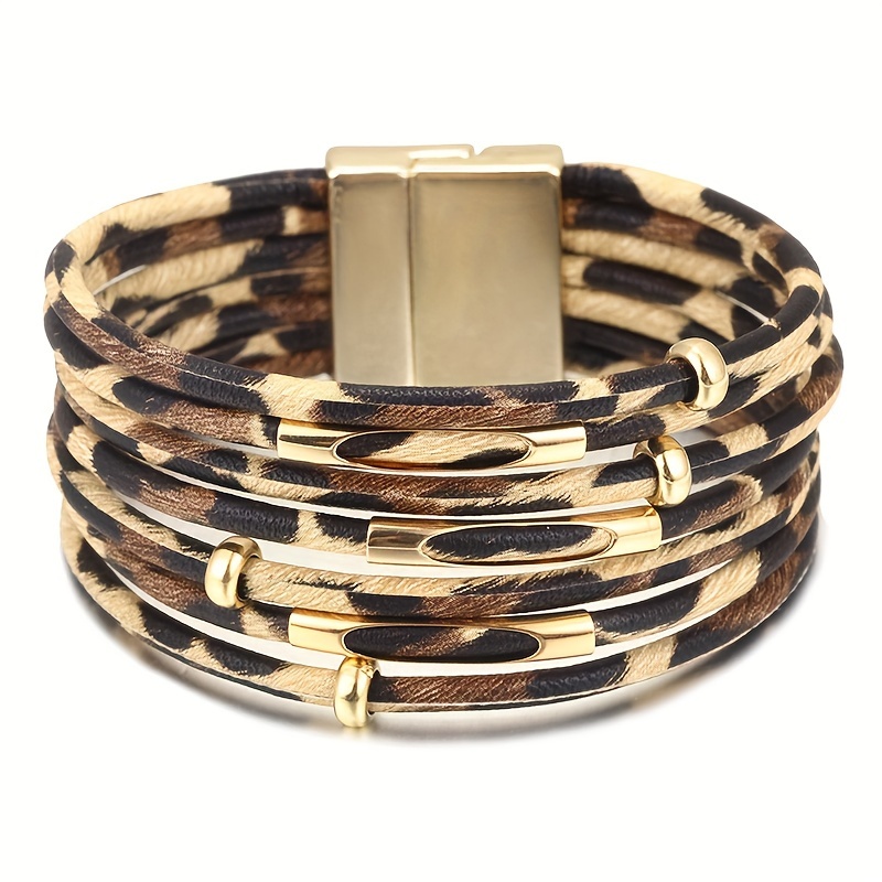 

Chic Leopard Print Leather Bracelet With Magnetic Clasp - Stackable, Uv-plated Women' Accessory For Casual Attire