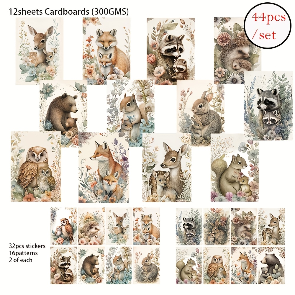 Image of 44pcs (12 Cards And 32 Stickers) Animal Forest For Mother's Day, Deer, Fox Pattern For Themed Party Flag Diy, Bottle, Album Decor, Greeting Card, Scrapbooking, Paper Craft, Junk Journal, Backgroud Pad