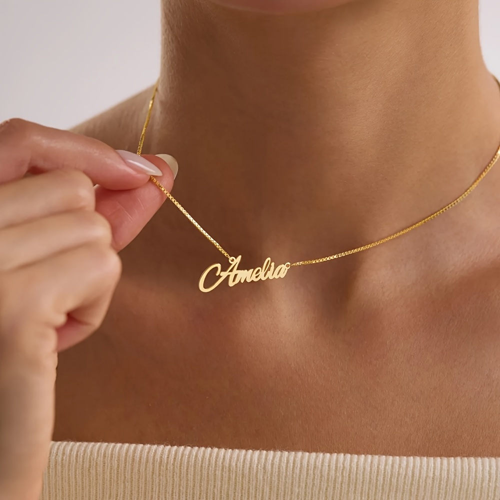 Custom Name Golden Dainty Box Chain Necklace, Valentine's Gift
