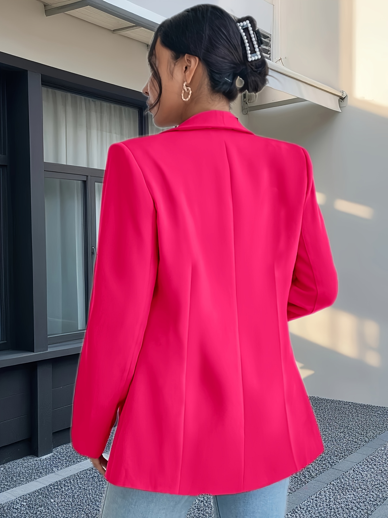 Women'S Bright Pink Blazer with Golden Chain Shoulder Bag - Casual Long Sleeve, Polyester, Buttonless Placket, All-Season Jacket, Casual Attire|Bold Fashion Statement|Polyester Blazer