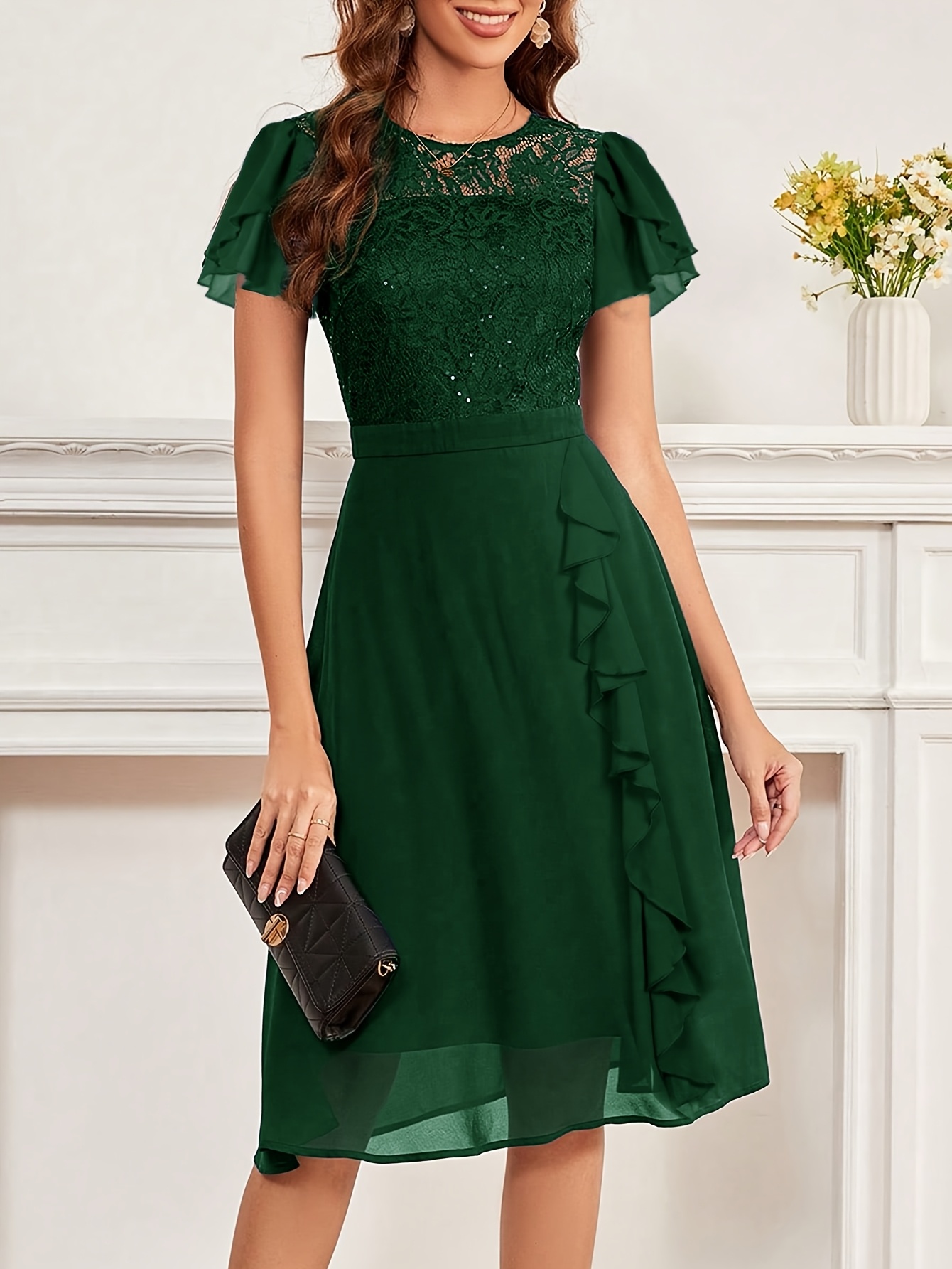 womens elegant a line midi party dress sequin lace ruffle - Temu