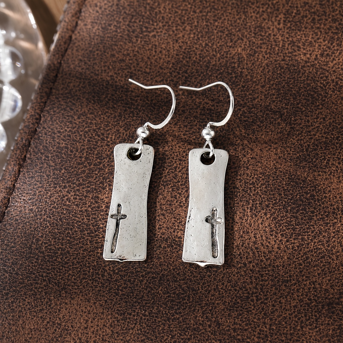 Minimalist Cross Relief Plate Pendant Earrings