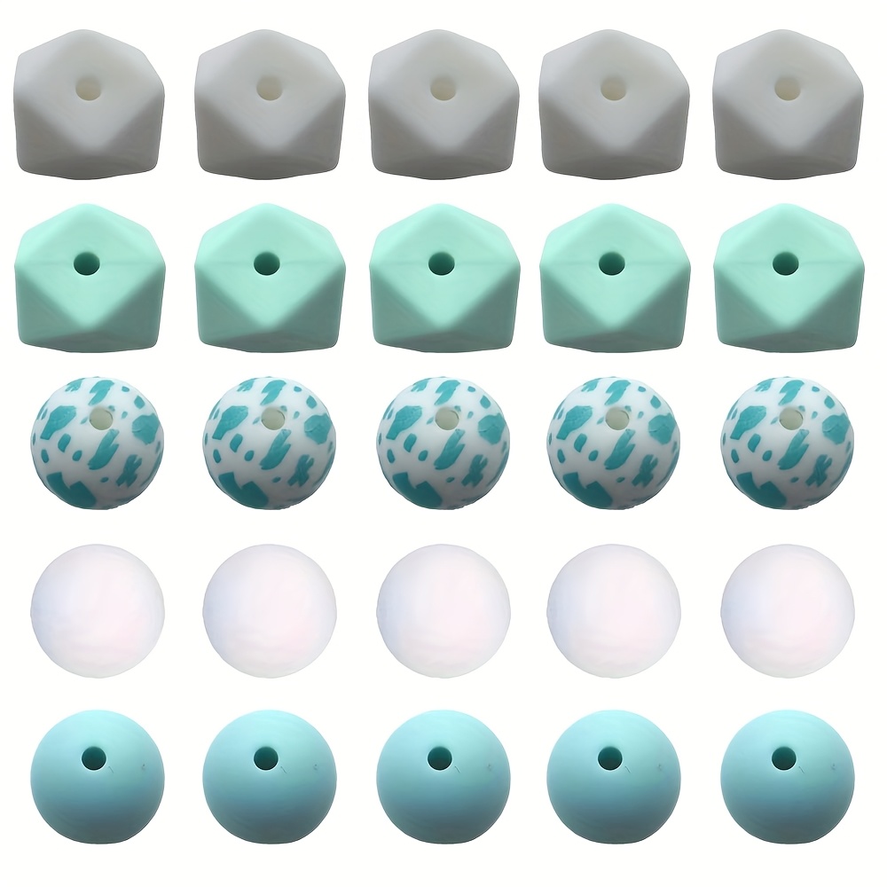 Image of 25/50pcs 14mm Hexagon And 15mm Round Mixed Focus Silicone Beads For Diy Crafting, Beaded Jewelry Making, Keychains, Bracelets, Necklaces, And Bag Chains
