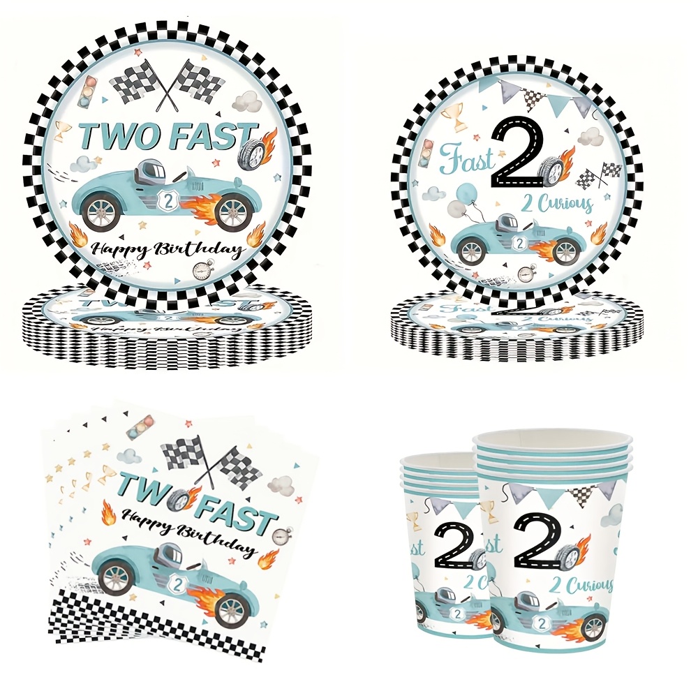 Image of 68pcs Set Of Birthday Party Supplies Featuring Dusty Blue And Black Race Car Designs, Including Tableware And Decorations Such As Paper Plates, Cups, And Napkins With A Checkered Wheel Theme