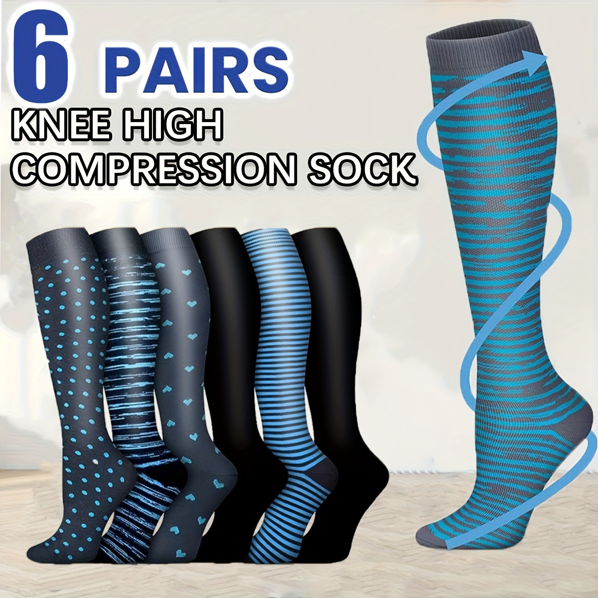 

6 Pairs Compression Socks For Women & Men, Circulation 15-25 Mmhg Knee High Compression Socks For Nurses Running Hiking Cycling Pregnancy