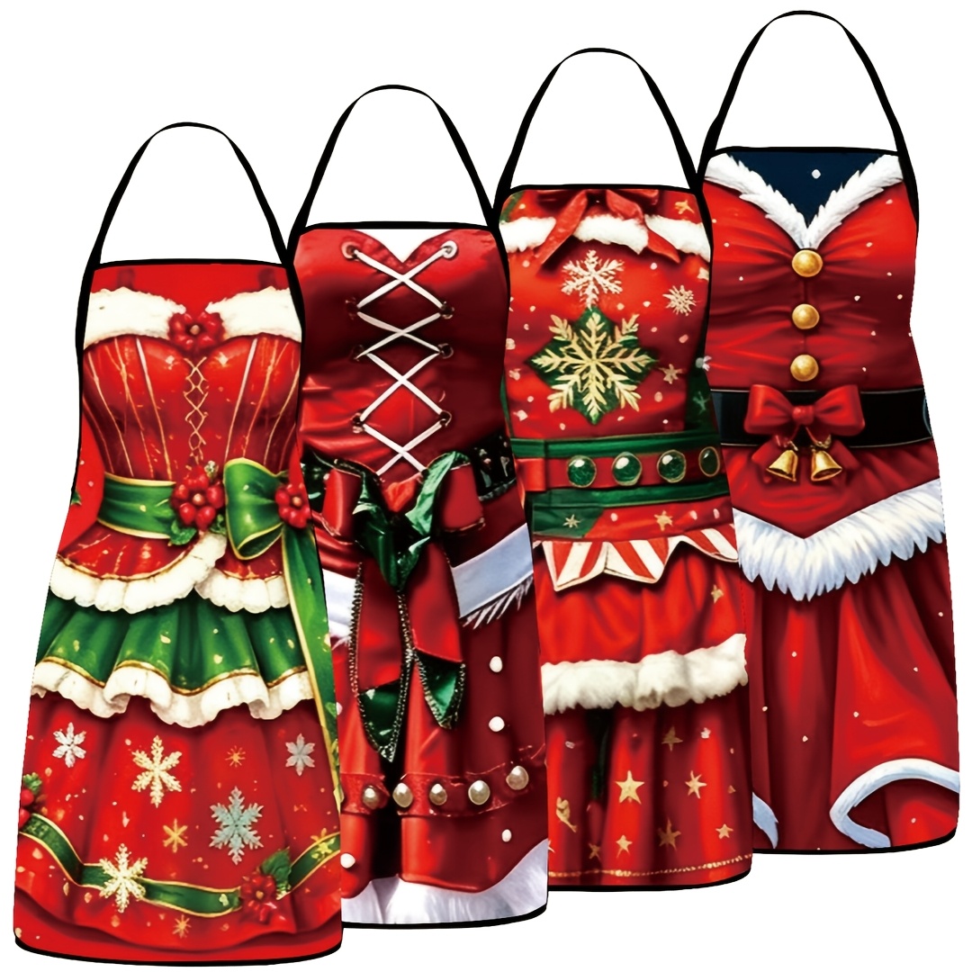 TEMU 4pcs Christmas Red Dress Decorative Aprons, 20.5x28.3 Inches, Men's And Women's Universal Aprons, Red Dress Bow Snowflake Print Patterned Apron