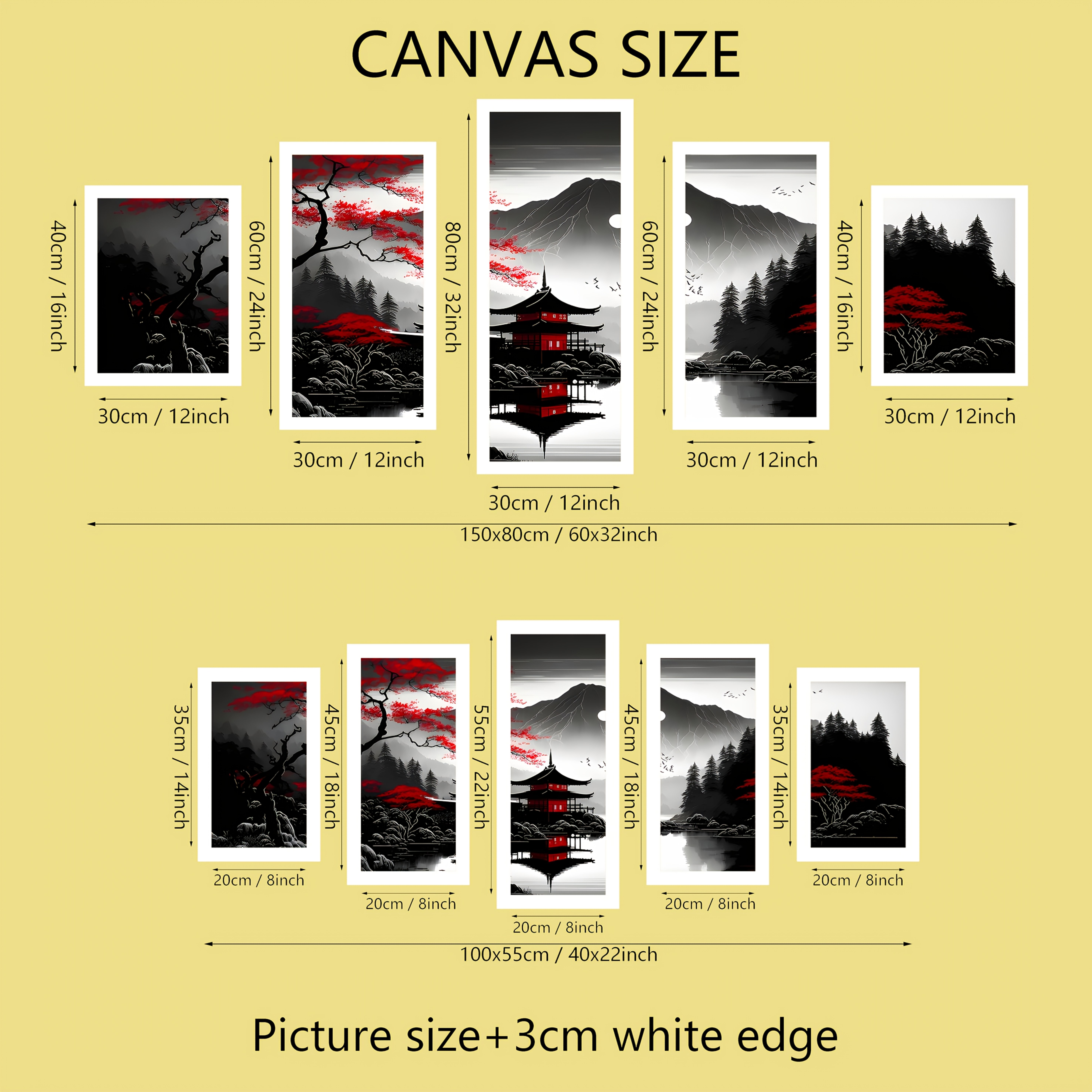 Image of 5pcs Canvas , Black And Red Japanese Landscape Poster, High-definition Picture Print For Living Room, Wall Art Interior Home Decor, Frameless,halloween Christmas Decor