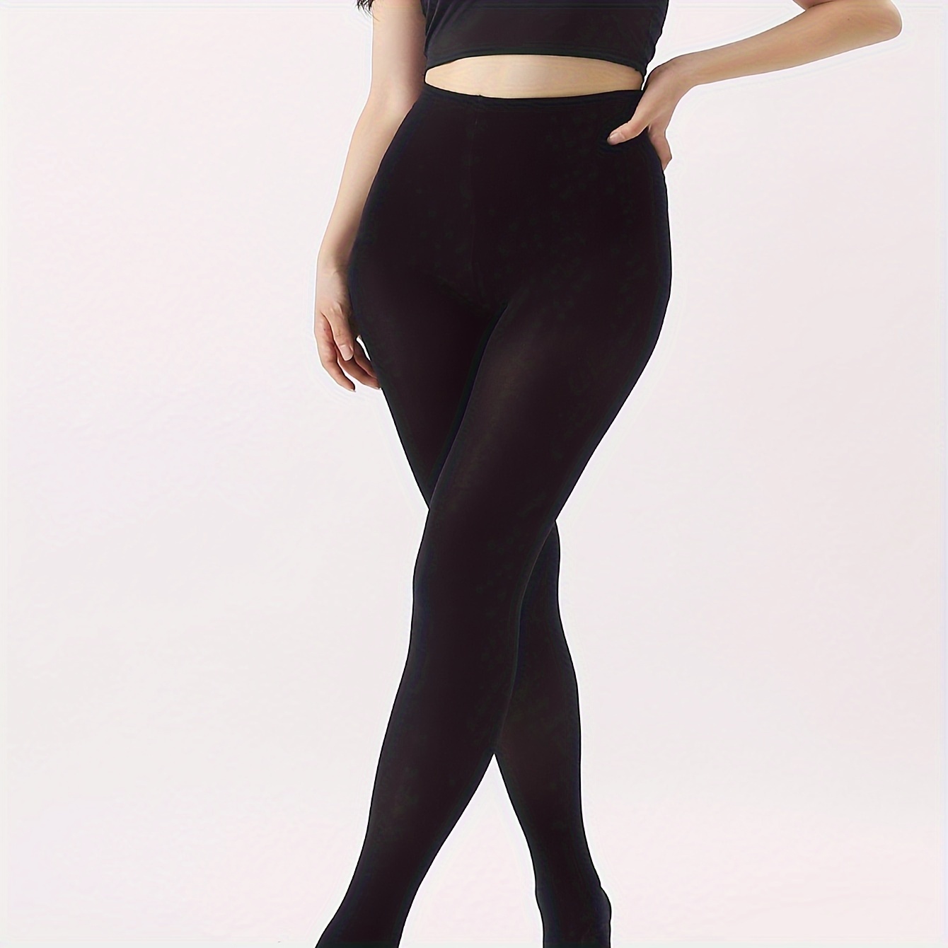 1 Pair Women'S Black Sun-Protective Solid Color Knit Nylon Pantyhose, 88% Polyamide 12% Spandex, Machine Washable, 90g/m? Weight