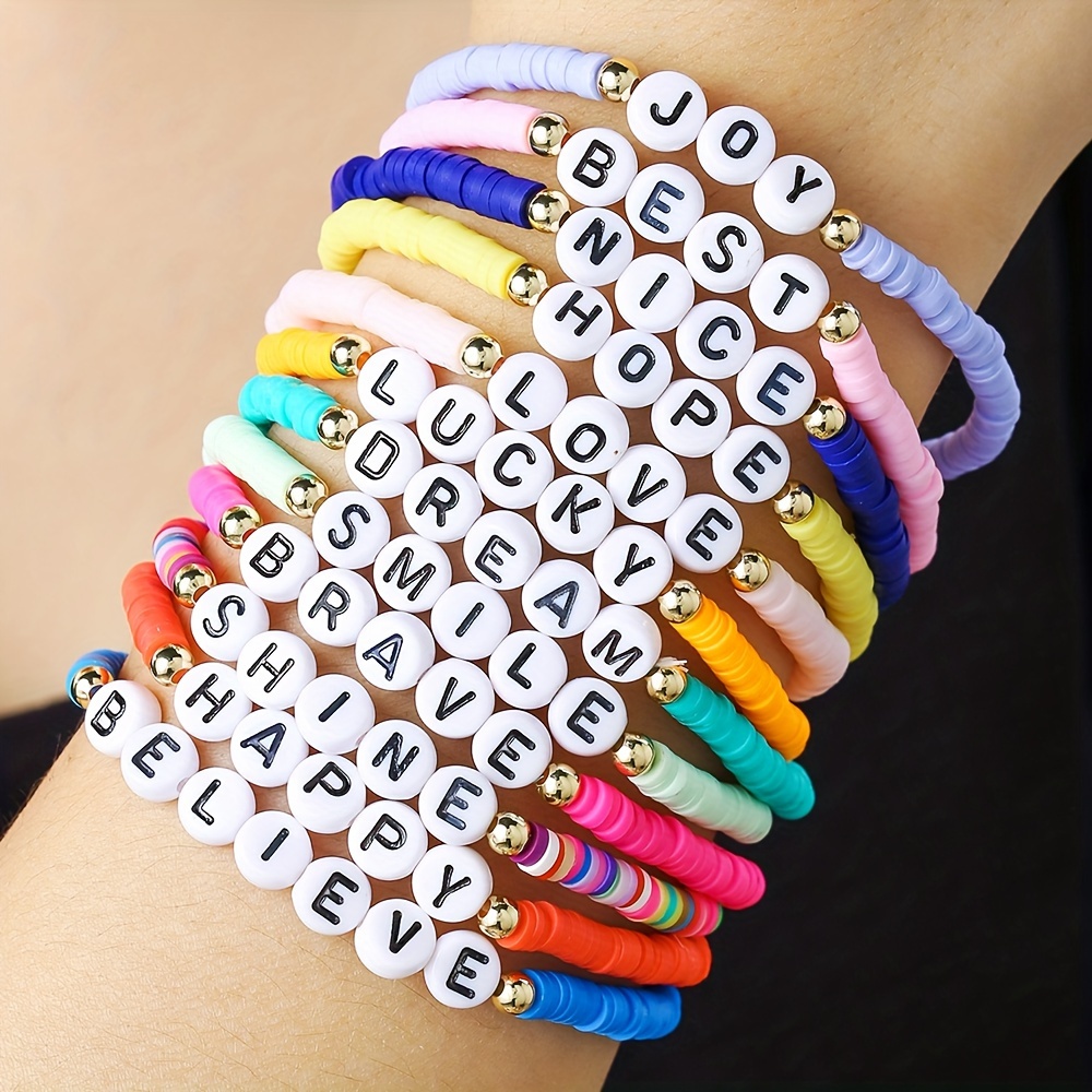 

12-piece Set Multicolor Polymer Clay Letter Beaded Stretch Bracelets, Unisex Stackable Fashion Wristband Set With Inspirational Words, Simple Vacation Style Jewelry For Daily & Party Wear