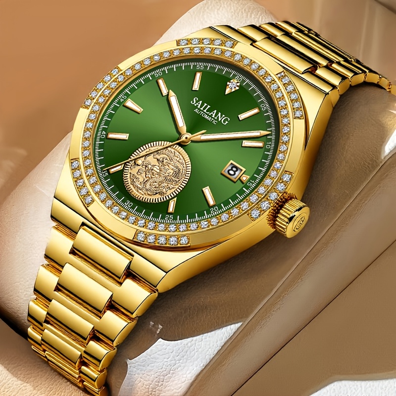 Image of Sailang Ladies' Self-winding Watch, Golden Bezel, Green Dial With Embossed , Date Indicator, Golden Stainless Steel Strap, Elegant Business