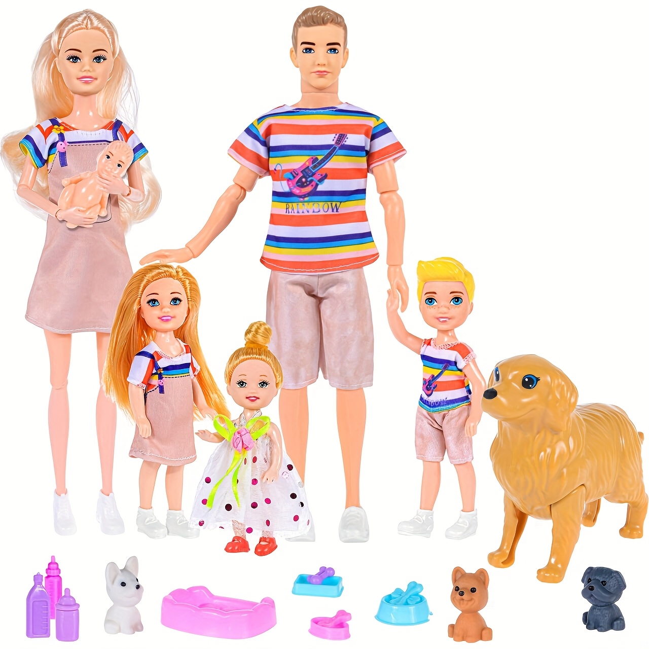 TEMU Family Dolls Set Of 6 People With Dollhouse Pets And Accessories Included Pregnant Mom, Dad, 3 Kids And A Baby In Tummy, Doll Playsets And