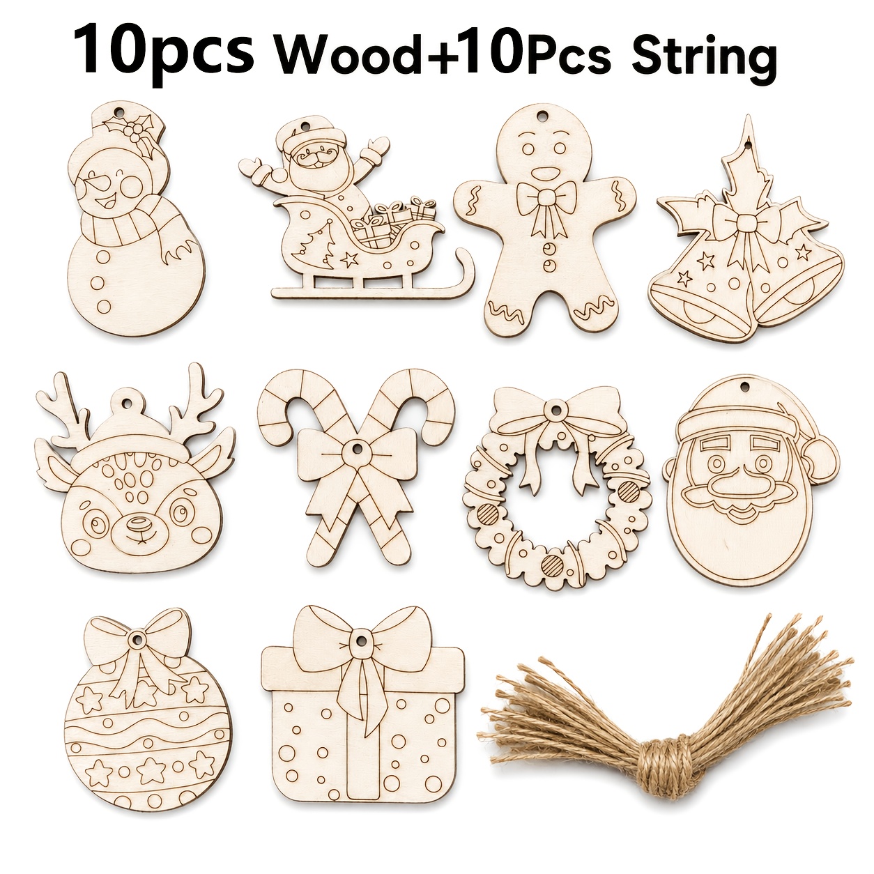 TEMU 20 stuks kerstserie ornamenten, inclusief 10 houten stukken en 10 touwtjes. Houten kerstboom, peperkoekmannetje, kerstbel, sneeuwpop en kerstman