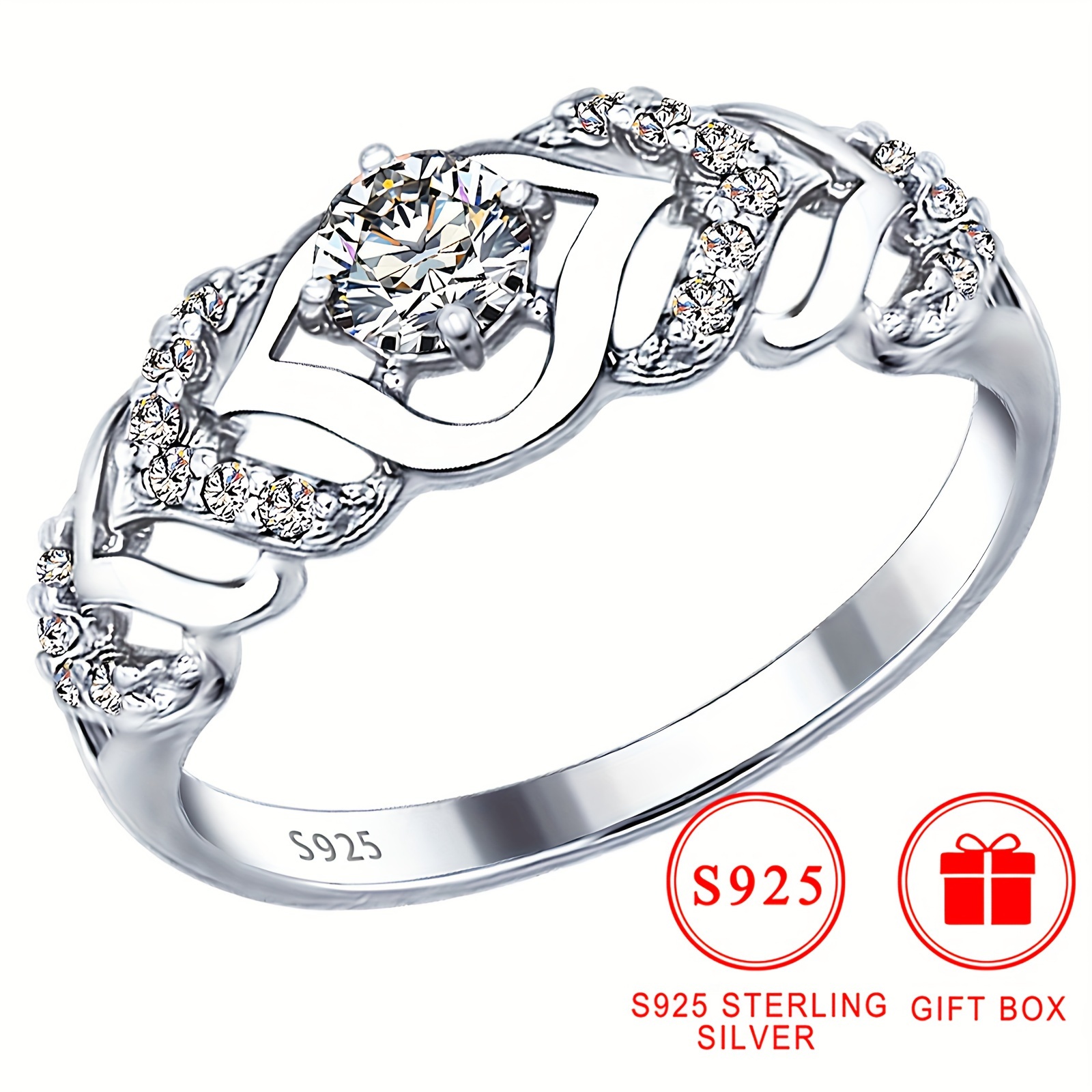 

Elegant Glitter Style 925 Sterling Silver Engagement Ring, Silver Plated, With Synthetic Zirconia, Hypoallergenic Nickel-free, For & , Valentine's Day Gift