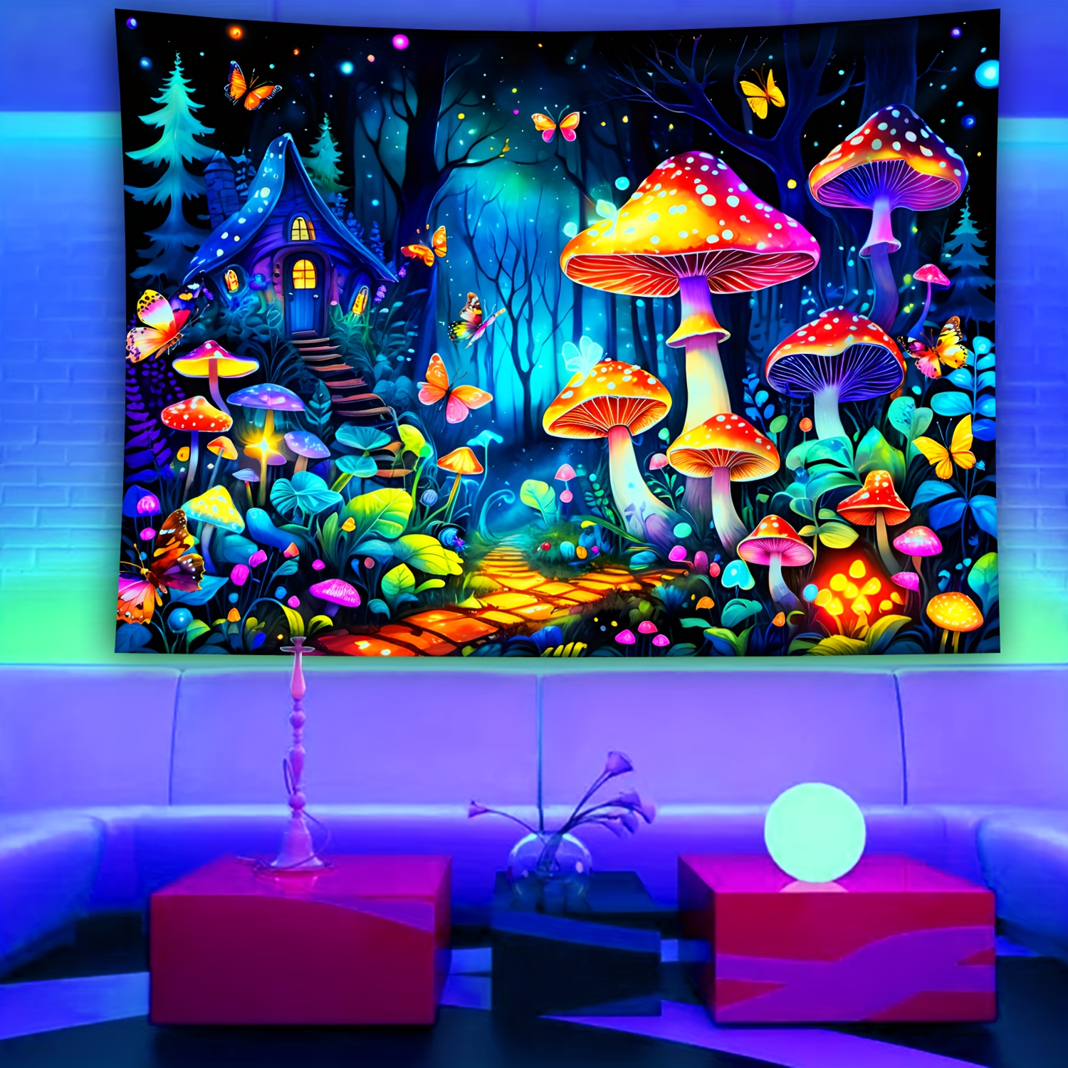 

Mushroom & Butterfly Fluorescent Tapestry - Uv Blacklight Wall Hanging For Living Room, Bedroom, Office Decor - Includes Kit